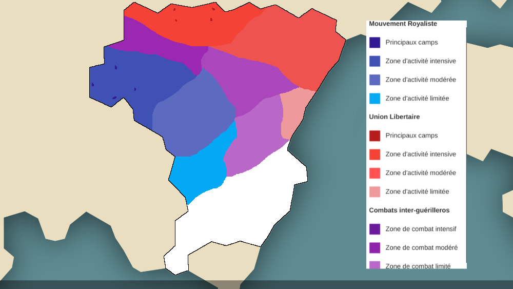 Carte des zones d'actions des guérillas et de leurs affrontements