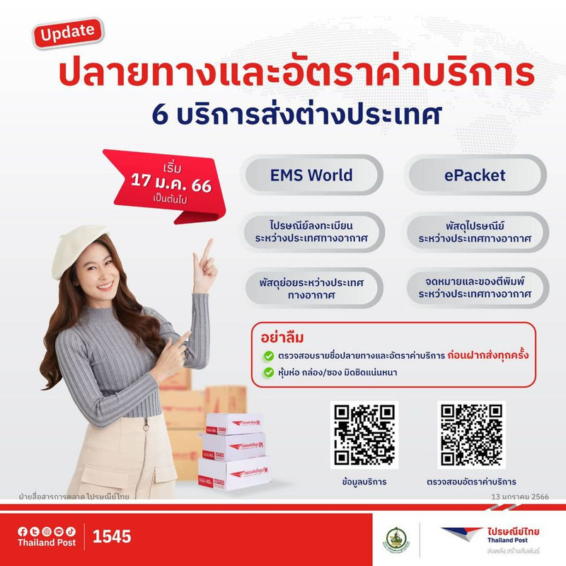 ไปรษณีย์ไทย แจ้งปรับอัตราค่าบริการ 6 บริการส่งต่างประเทศเฉพาะบางปลายทาง ดีเดย์ 17 มกราคมนี้