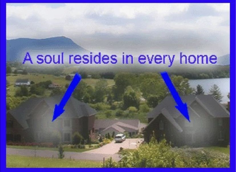 a suburban neighborhood with two blue arrows pointing to houses that are blurred out. Text at the top reads: 'A soul resides in every home.'