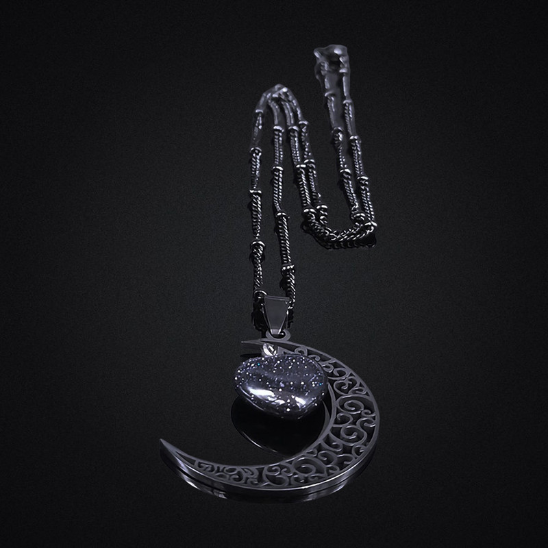 Black Color Stainless Steel Moon Pendant Chain Necklace Women Party Jewelry NEW