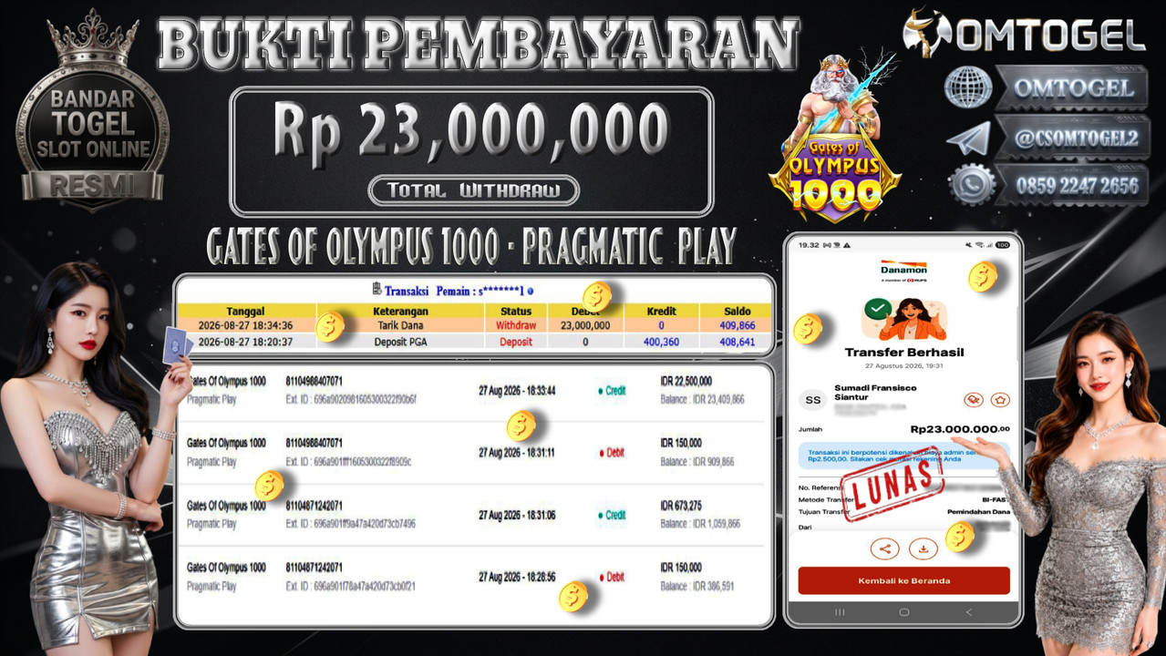 OMTOGEL JACKPOT PRAGMATIC PLAY GATES OF OLYMPUS 1000 Rp,23,000,000,- DIBAYAR LUNAS 