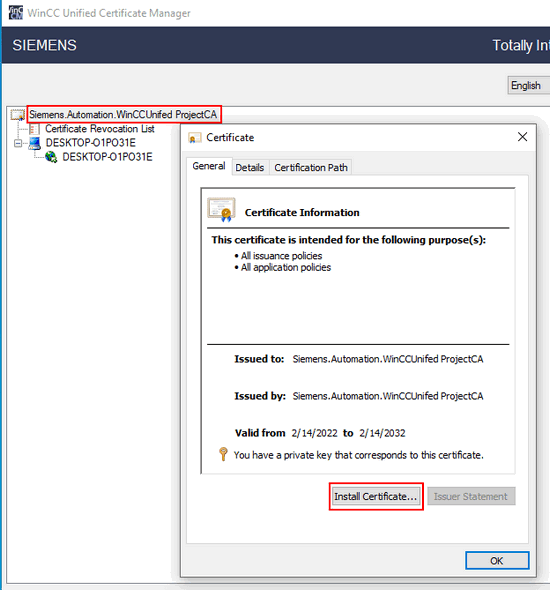 WinCC Unified Runtime on engineering computer certificates WinCC Unified Runtime on engineering computer certificates