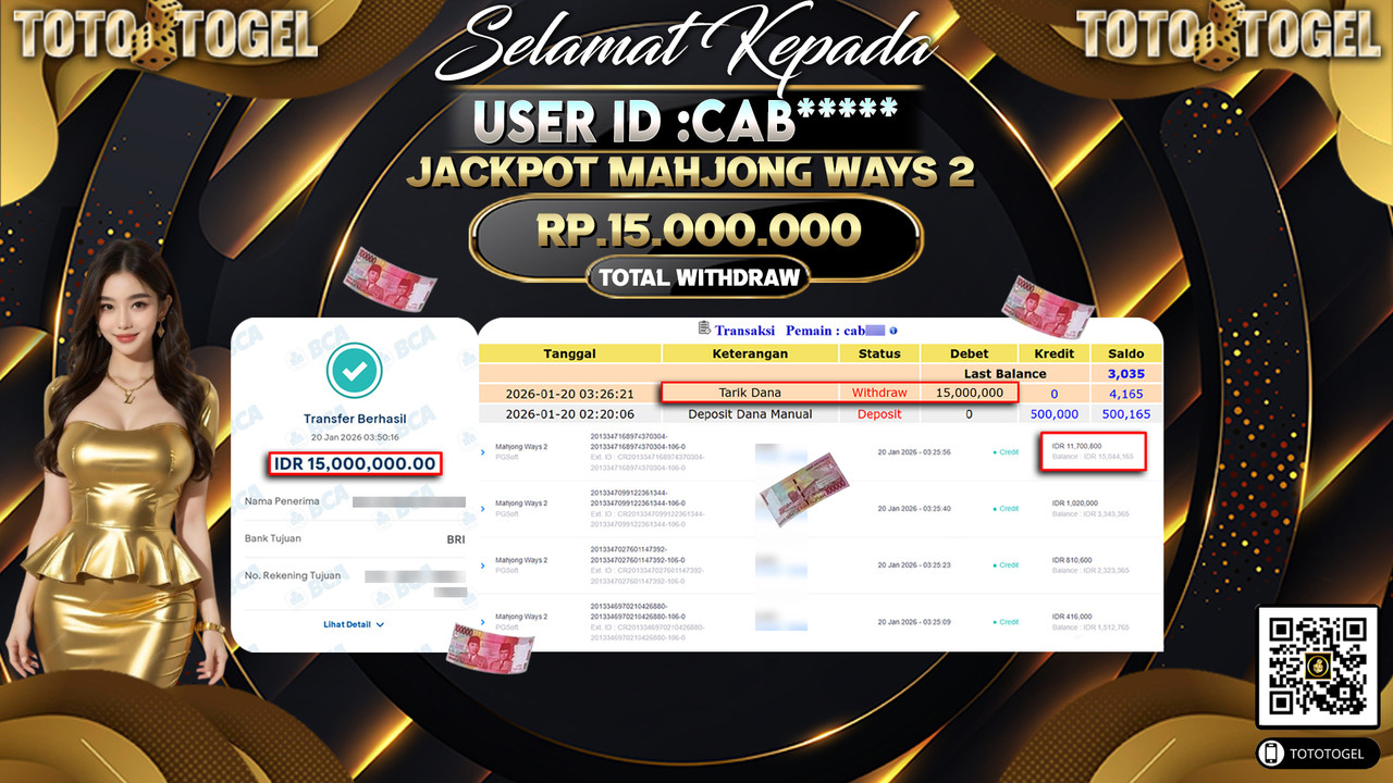 Bukti Pembayaran Jackpot Permainan Slot Mahjong Ways 2 ID:CAB*****LUNAS
