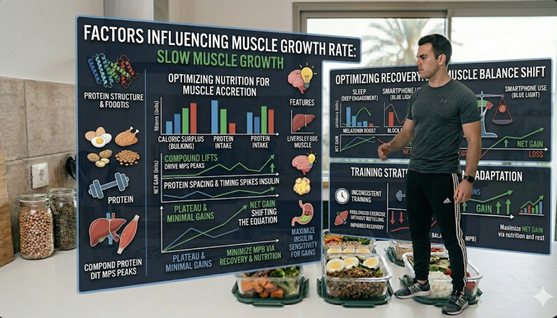 Infographic showing key factors affecting slow muscle growth including nutrition, progressive overload training, and recovery for natural muscle gain