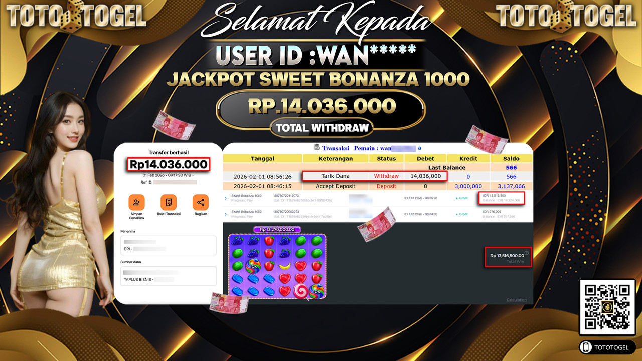 Bukti Pembayaran Jackpot Permainan Slot Sweet Bonanza 1000 ID:WAN*****LUNAS