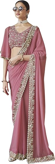 Trendmalls Pink Sequin Embroidery Georgette Saree