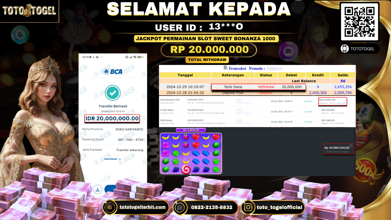 Bukti Pembayaran Jackpot  Permainan Slot Sweet Bonanza 1000  : 13***O LUNAS