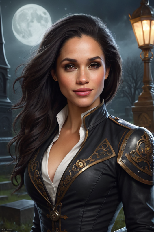 524186188 meghan markle steampunk vampire hunter in a graveyard at night 0008
