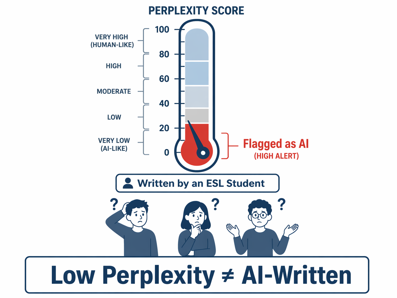AI detection tools accuracy unreliable — perplexity score meter flagging ESL student writing as AI-generated