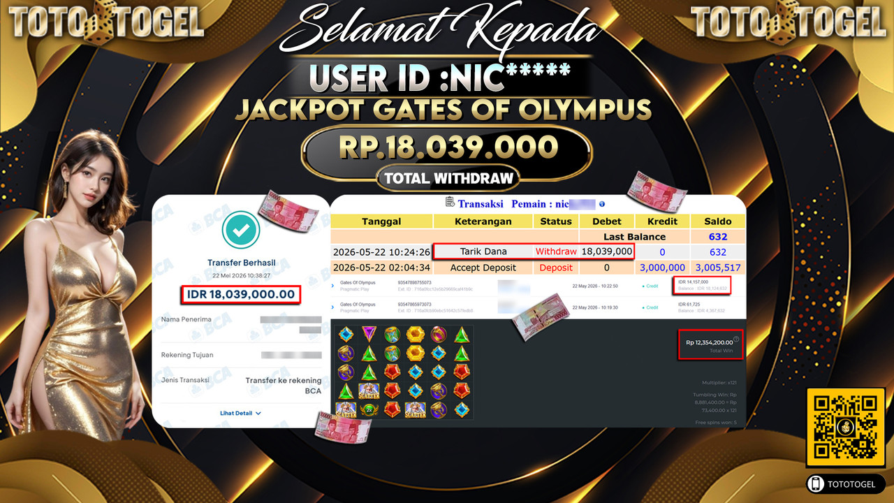 Bukti Pembayaran Jackpot Permainan Slot Gates Of Olympus ID:NIC***** LUNAS