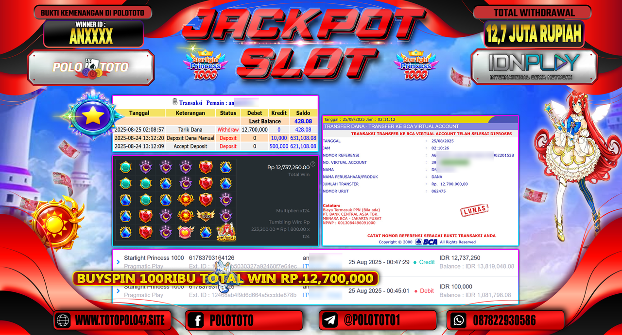 POLOTOTO JACKPOT SLOT STARLIGHT PRINCESS 1000 Rp.12.700.000,-