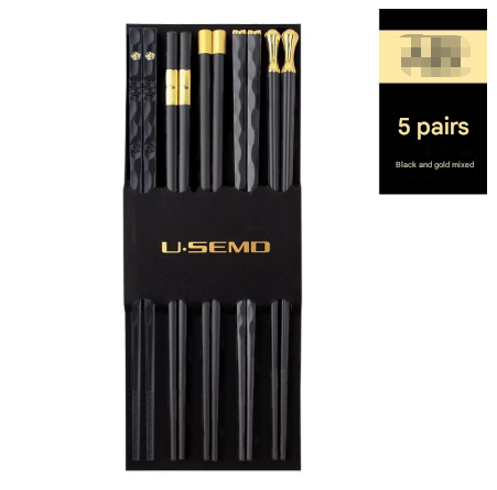 Two-piece Set Premium Alloy Chopsticks Set of 5 Pairs - 24.3cm Black and Gold Luxury Reusable Utensils for Modern global Dining