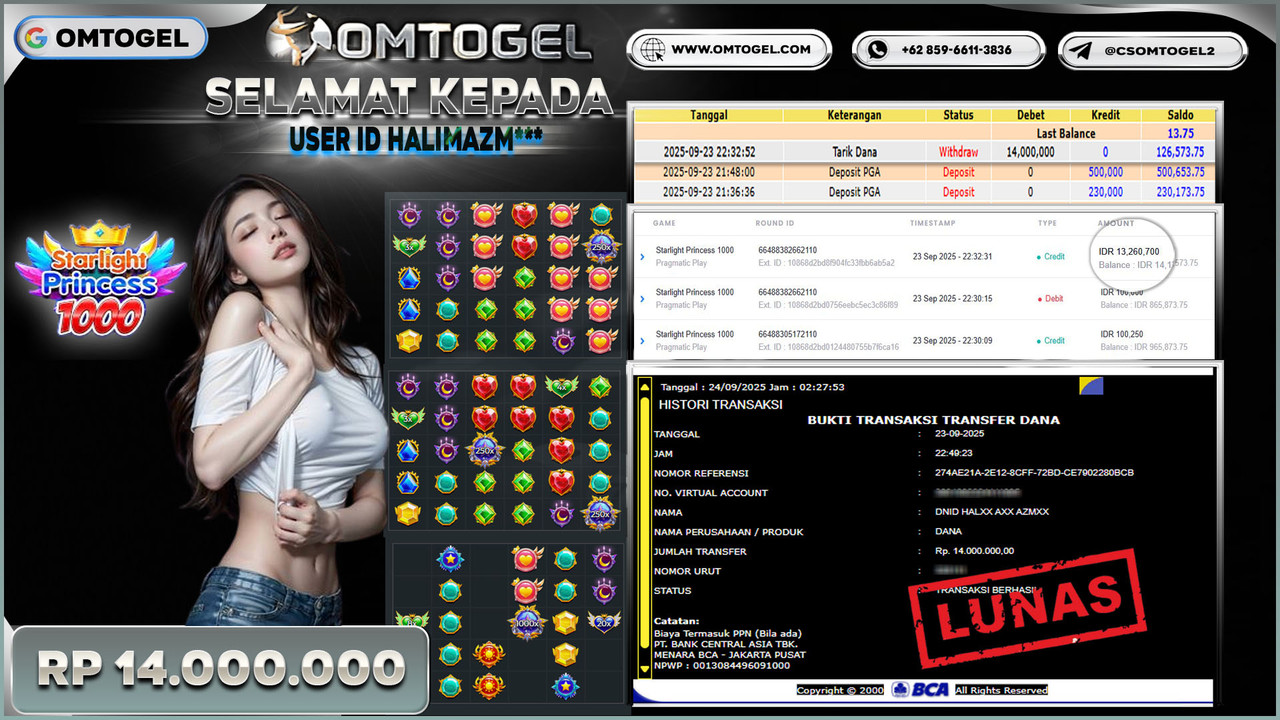 OMTOGEL JACKPOT PRAGMATIC PLAY STARLIGHT PRINCESS 1000 14 JUTA DI BAYAR LUNAS ,-