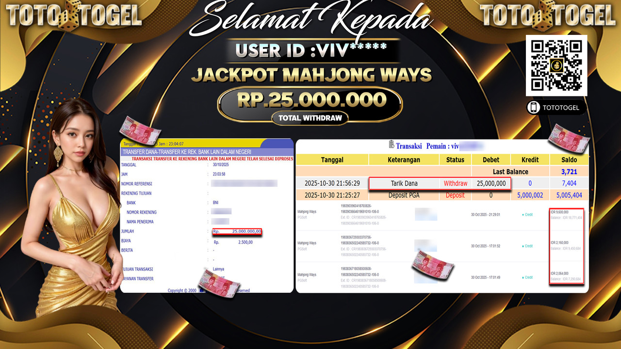 Bukti Pembayaran Jackpot Permainan Slot Mahjong Ways ID:VIV**** LUNAS
