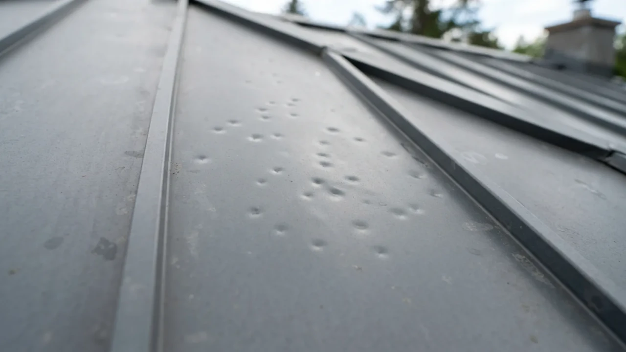 Metal roof panel showing minor cosmetic denting from a Texas hailstorm while maintaining full structural integrity