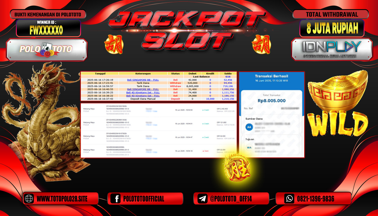 POLOTOTO JACKPOT SLOT MAHJONG WAYS Rp.8.000.000,- LUNAS