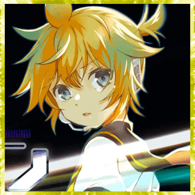 a gif of kagamine len from a screencap of oh-p's "high-tech station", with a flashing yellow border