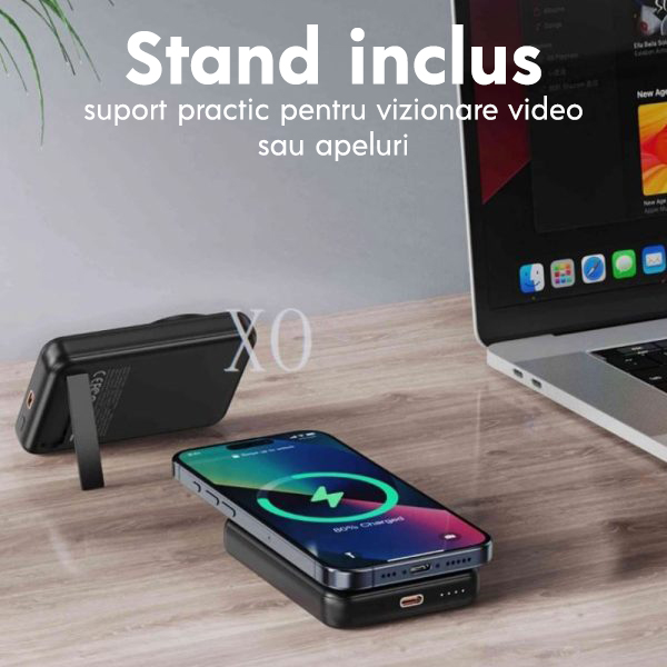 Baterie externa cu incarcare wireless XO PR264, 15W+PD20W, Magnetica, Suport Stand, 10000mAh, Incarcare rapida, Negru powerbank xo pr264 magnetica capacitate 10000mah suport sustinere port type c negru 3