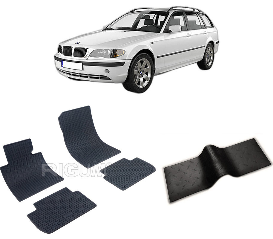 Set covorase auto BMW SERIA 3 E46 din 1998-08.2005, cu covoras tunel median, CAROSERIE COMBI, Presuri cauciuc 100%, compatibil cu autoturismul BMW SERIA 3 E46, Rigum