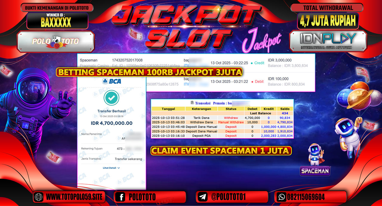 POLOTOTO JACKPOT SLOT SPACEMAN Rp.4.700.000,- LUNAS