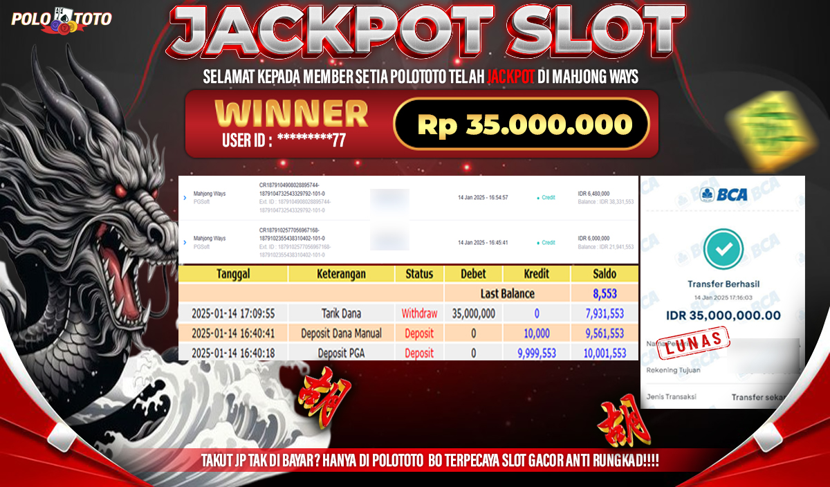 POLOTOTO JACKPOT SLOT MAHJONG WAYS Rp.35,000.000,-