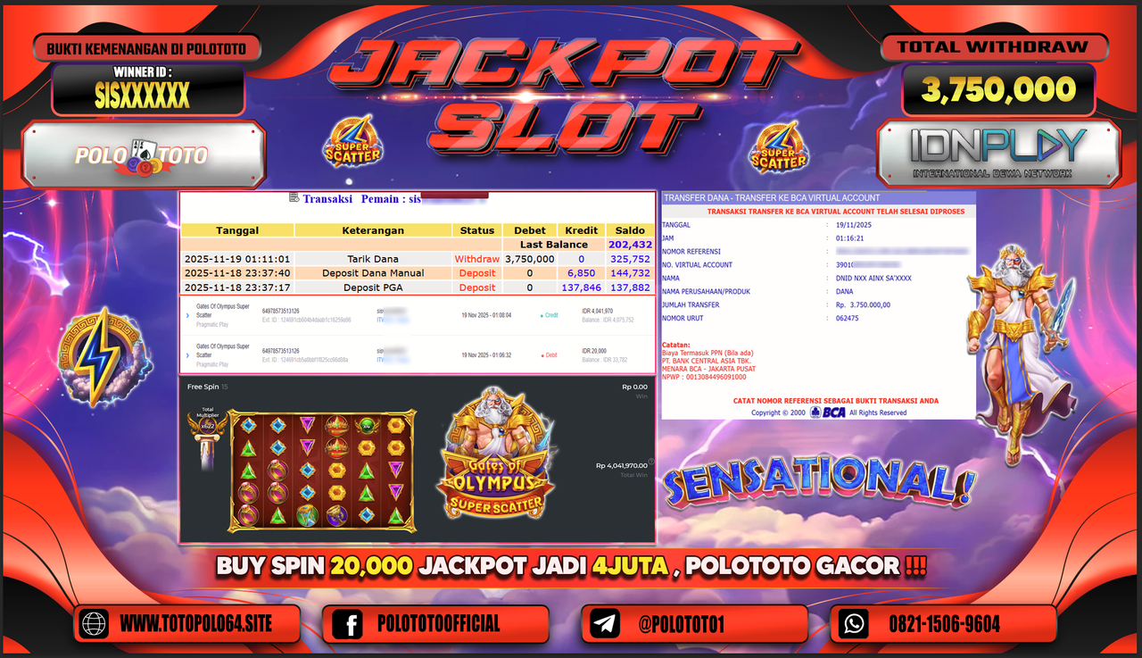 POLOTOTO JACKPOT SLOT GATES OF OLYMPUS SUPER SCATTER Rp.3.750.000,- LUNAS