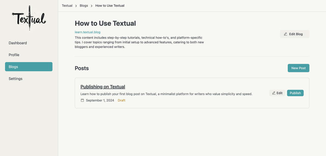 Blog interface show a post
