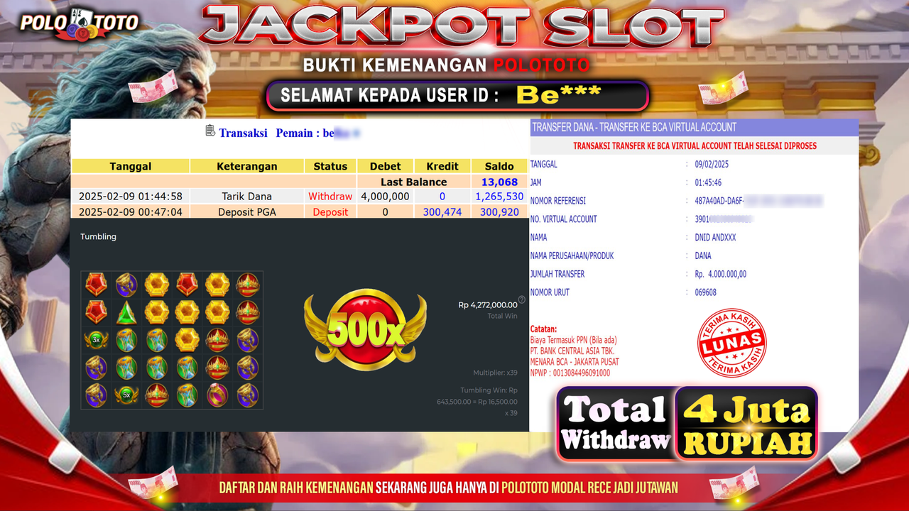 POLOTOTO JACKPOT SLOT GATES OF OLYMPUS Rp.4,000.000,-