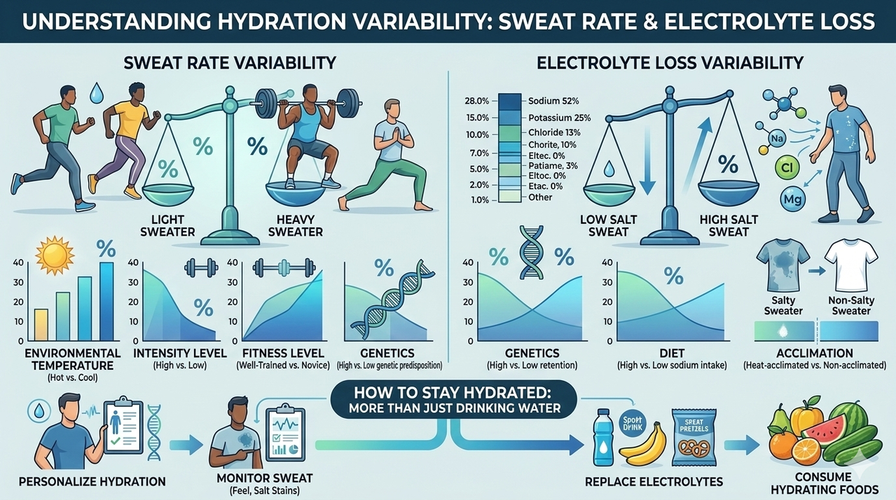 Infographic showing sweat rate and electrolyte loss variability for how to stay hydrated more than just drinking water