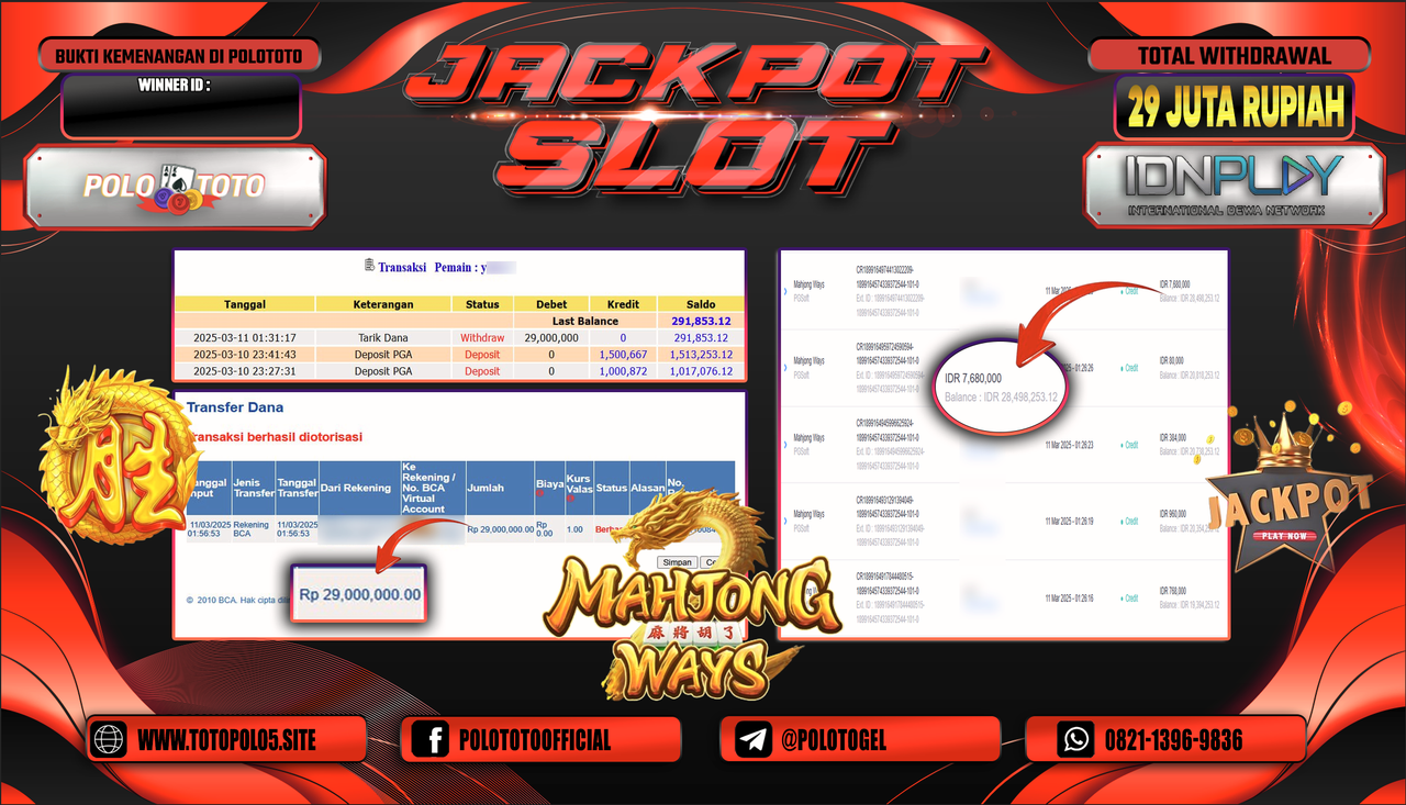 POLOTOTO JACKPOT SLOT MAHJONG WAYS Rp.29.000.000,-