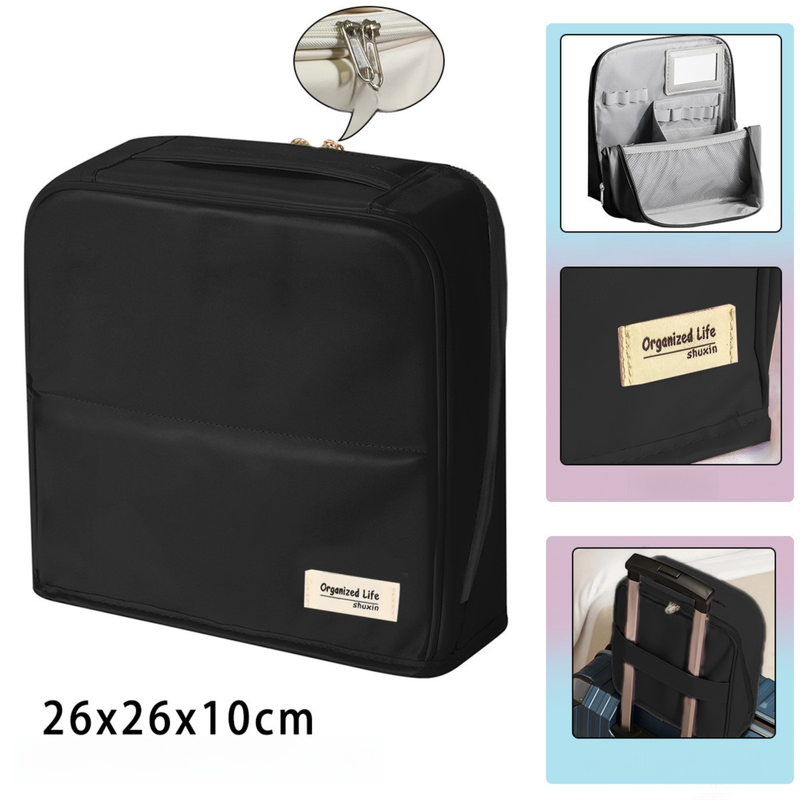 Black Magnetic Compartmentalized Standing Cosmetic Bag – Large Capacity with Mirror, Travel Makeup Organizer (26×10×26 cm)