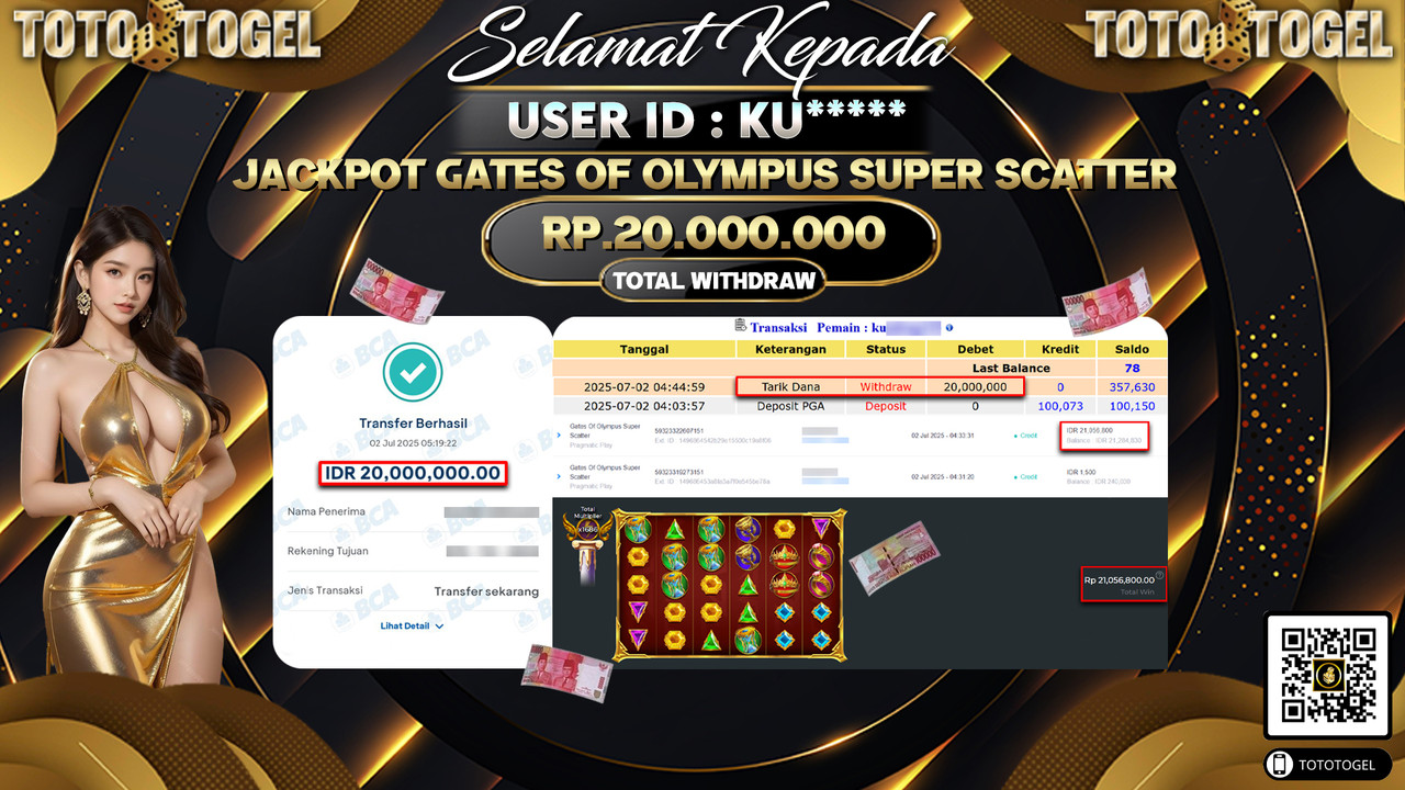 Bukti Pembayaran Jackpot Permainan Slot Gates Of Olympus Super Scatter ID:KU***** LUNAS