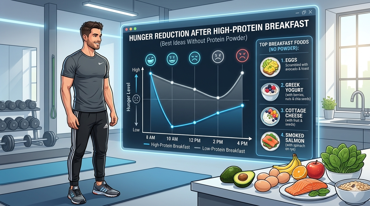 Chart showing hunger reduction after high-protein breakfast for best high-protein breakfast ideas without protein powder