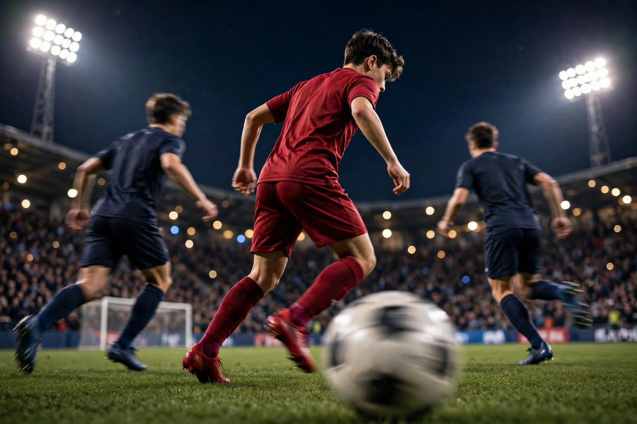 A young footballer in a red kit dribbling past defenders under stadium floodlights during a night match