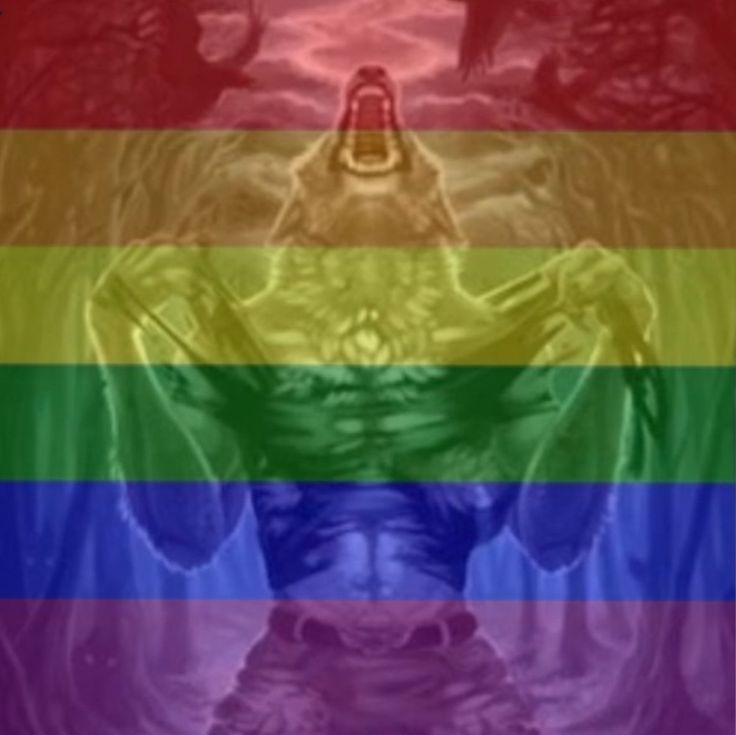 werewolf ripping off his shirt with the pride flag placed over