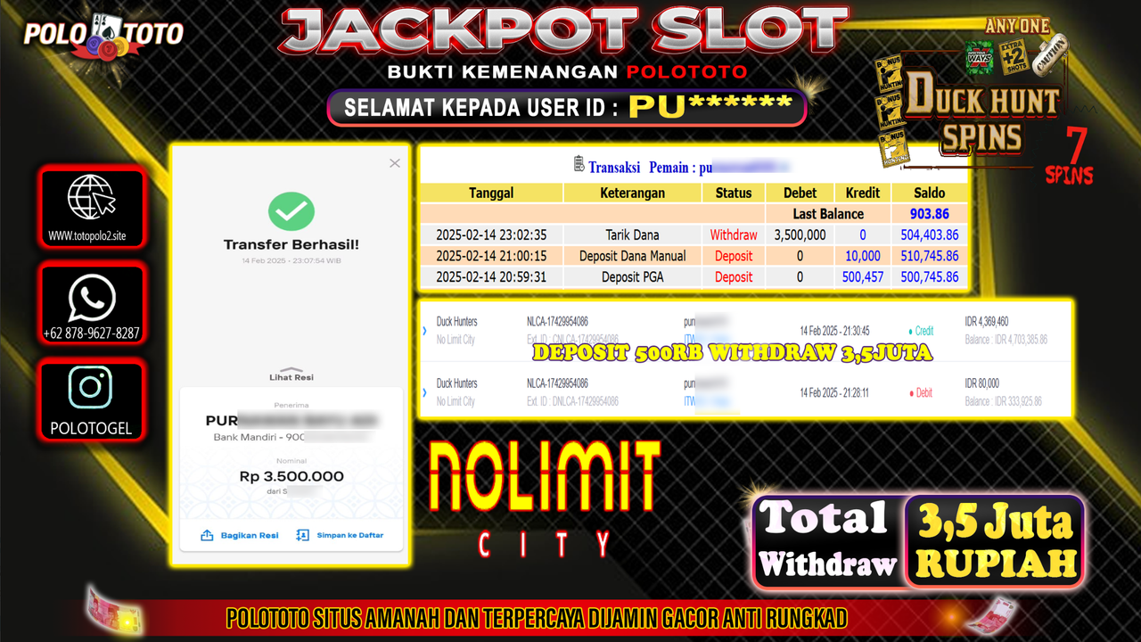 POLOTOTO JACKPOT SLOT DUCK HUNTERS Rp.3.500.000,-