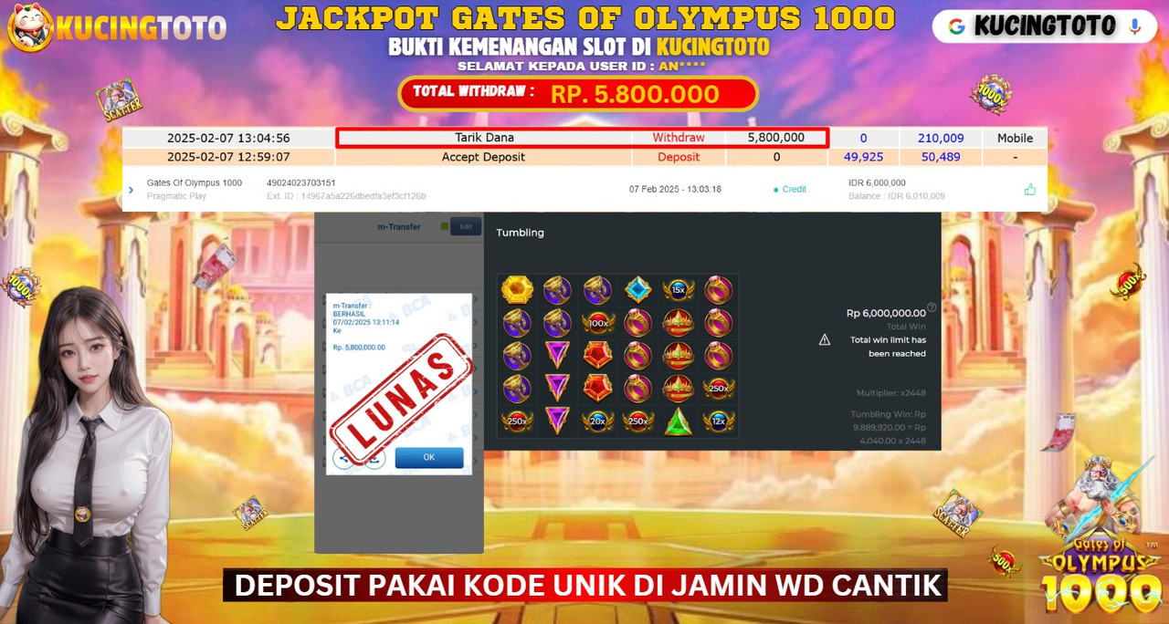 KUCINGTOTO JACKPOT SLOT GATES OF OLYMPUS 1000 RP.5.800.000.,- LUNAS