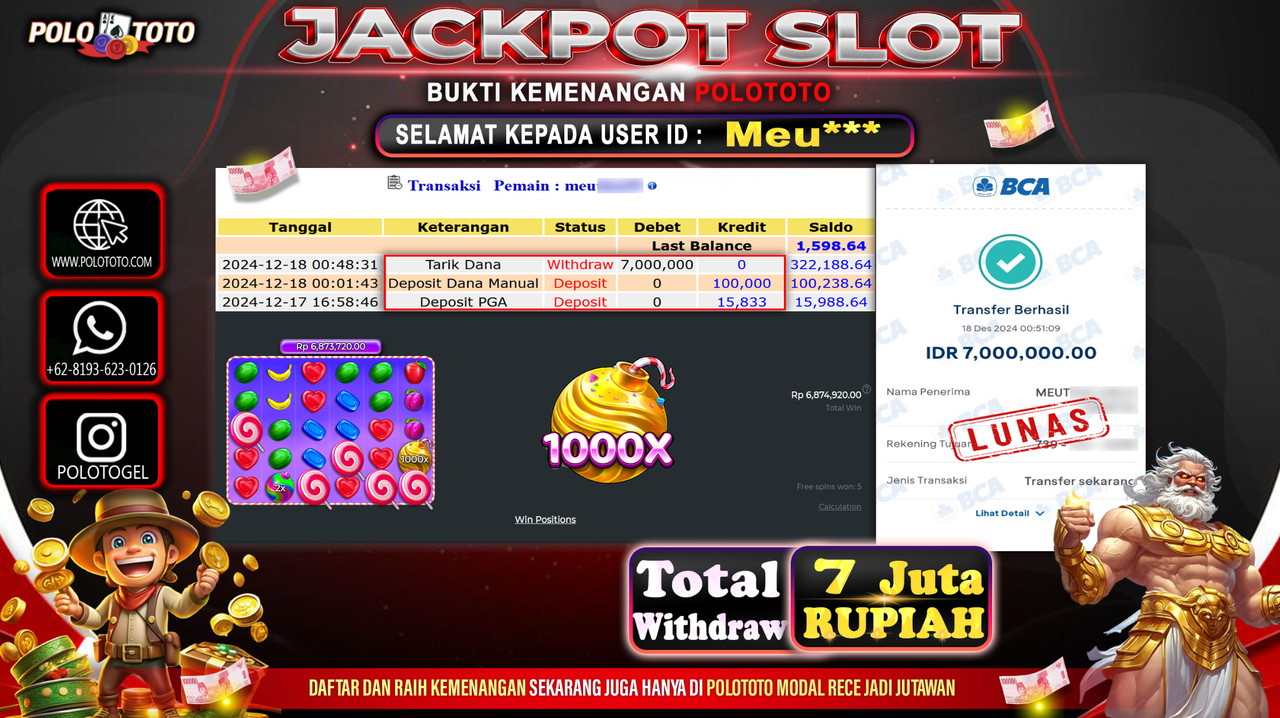 POLOTOTO JACKPOT SLOT SWEET BONANZA 1000 Rp.7,000.000,-