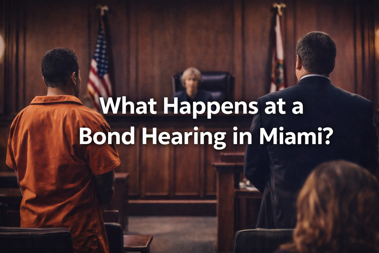 Courtroom scene representing a bond hearing in Miami criminal court