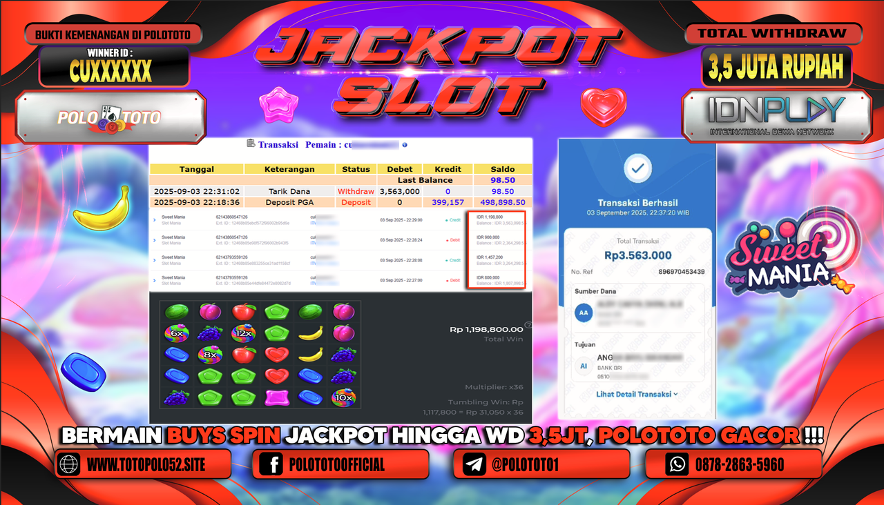 POLOTOTO JACKPOT SLOT SWEET MANIA Rp.3.563.000,-