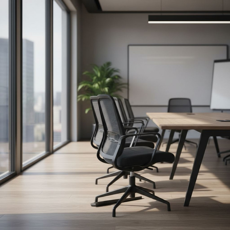 Эргономичные конференц-стулья в современном зале для совещаний, предназначенные для комфортного размещения участников во время длительных деловых мероприятий и тренингов.