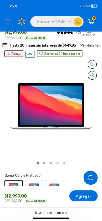 Walmart: Apple MacBook Air M1 8Ram 256SSD con BBVA 
