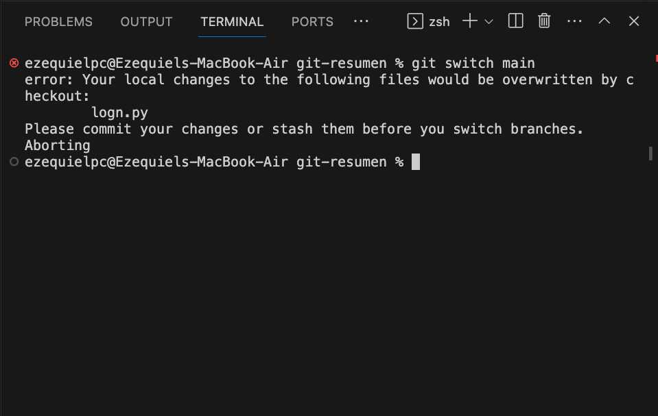 Error git switch main Git stash