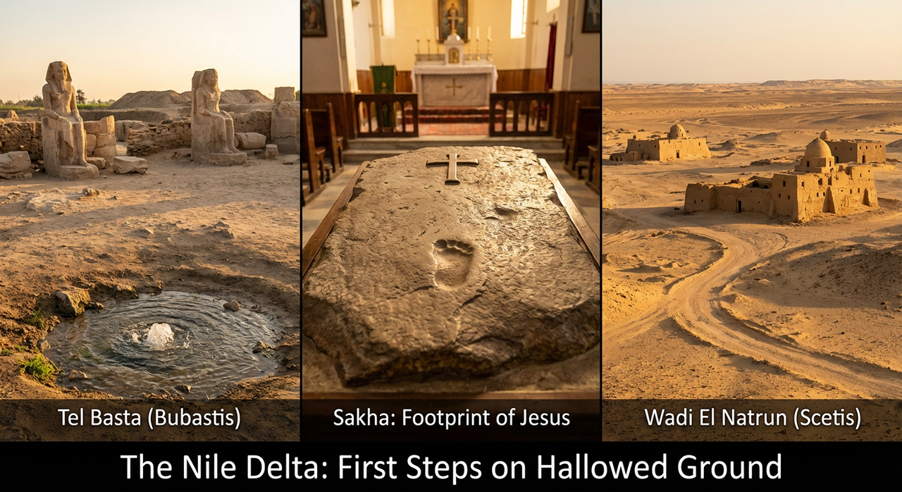 A depiction of the Holy Family's journey through the lush Nile Delta.