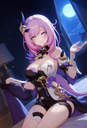 1girl, elysia (honkai impact), shiny skin, glowing hair, small breasts, Bedroom  s-214694743