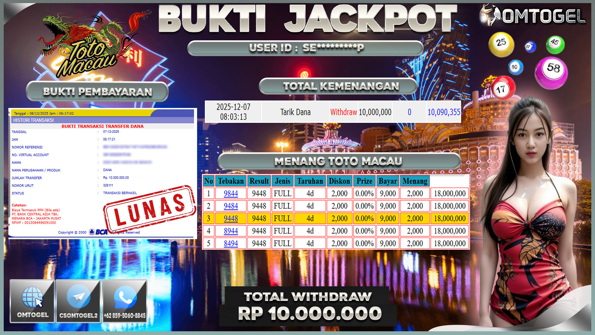 OMTOGEL JACKPOT TOGEL TOTOMACAU4D WIN ,4D 3D 2D ,10 JUTA DI BAYAR LUNAS ,-