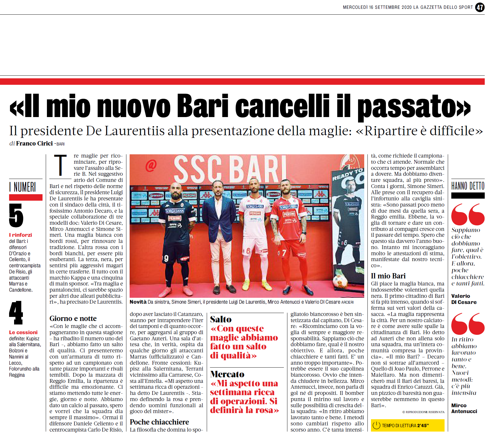 EDICOLA: 16.09.20 gds  Il mio nuovo Bari... Gds