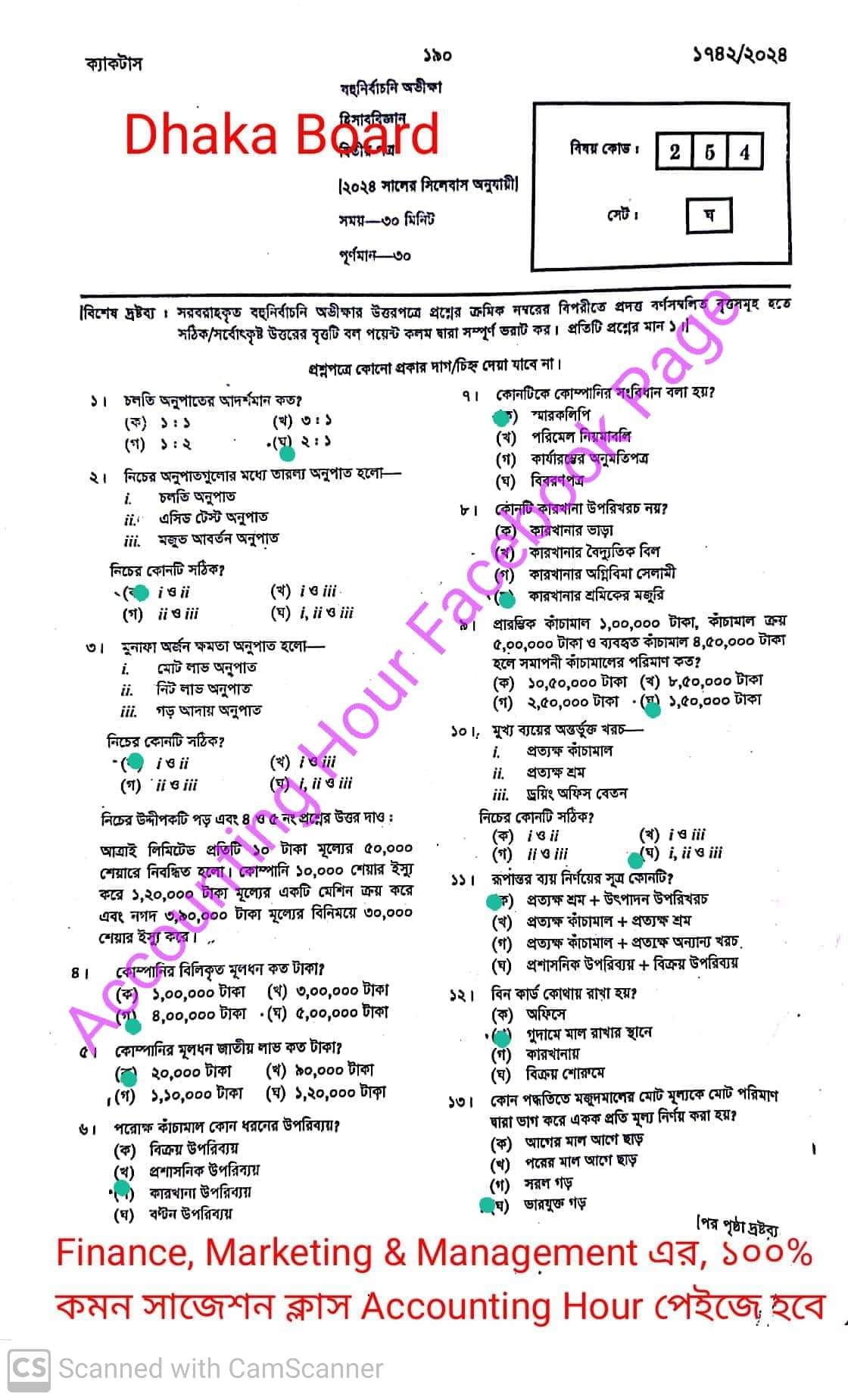 ঢাকা বোর্ড এইচএসসি হিসাববিজ্ঞান ২য় পত্র MCQ প্রশ্ন সমাধান ২০২৪
