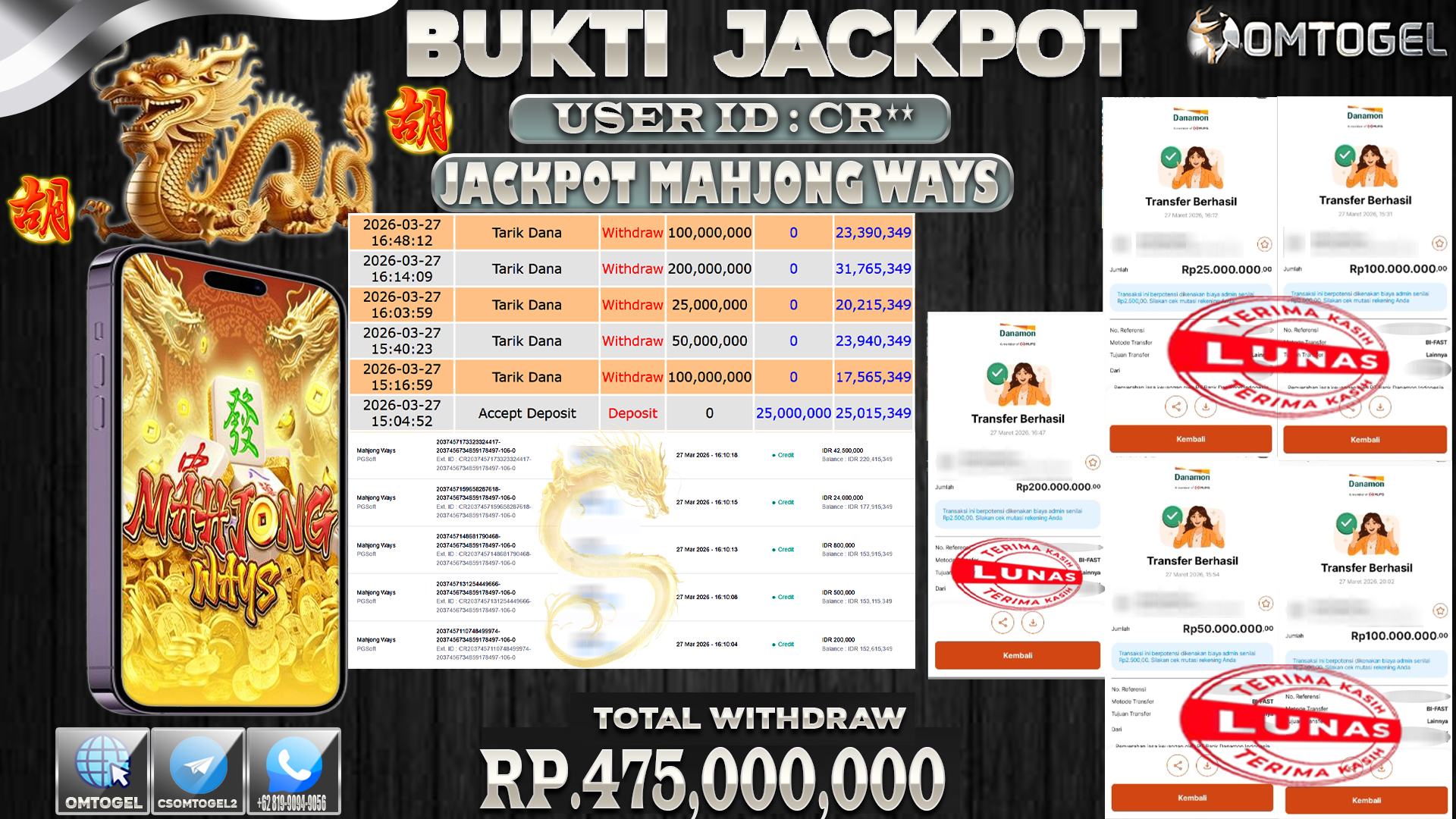 OMTOGEL JACKPOT PG SOFT MAHJONG WAYS ,475 JUTA DI BAYAR LUNAS ,-