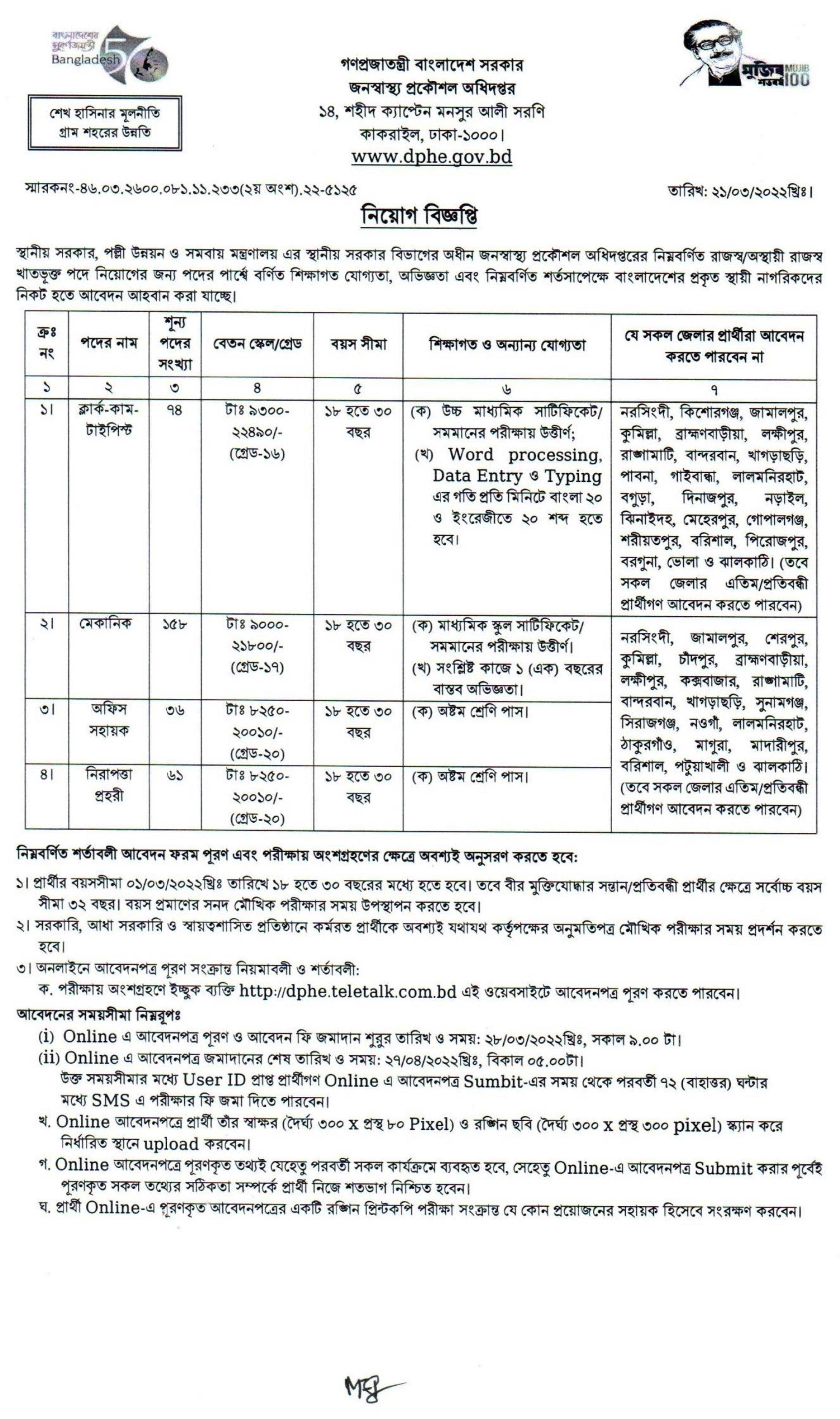 জনস্বাস্থ্য প্রকৌশল অধিদপ্তর নিয়োগ বিজ্ঞপ্তি ২০২২